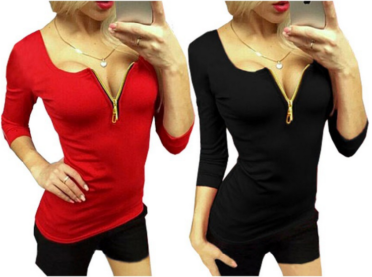 KoreanSexySimpleWomenLongSleeveVNeckZipperDecorFittedCasualT-Shirt-ZME110907