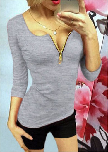 KoreanSexySimpleWomenLongSleeveVNeckZipperDecorFittedCasualT-Shirt-ZME110907