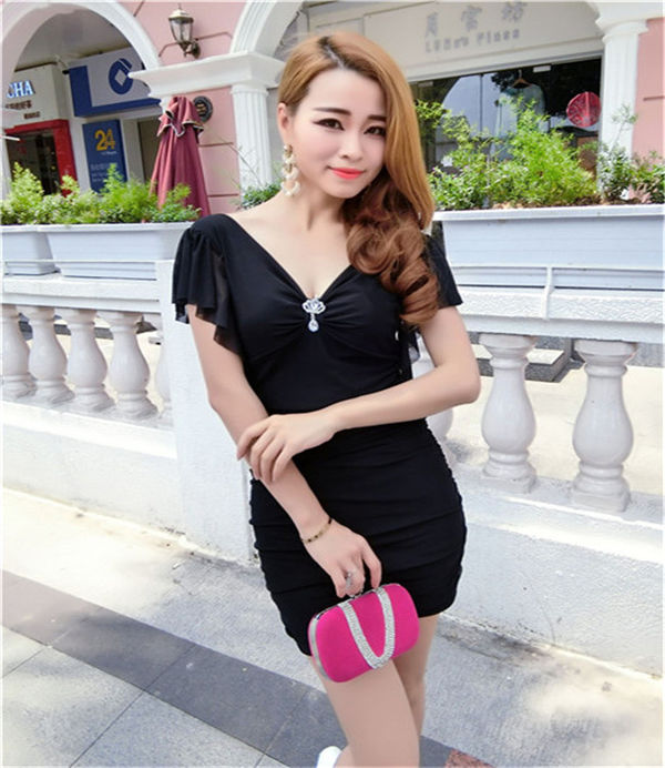 KoreanSexyVNeckBeadingSheathClubDress-TZK062334