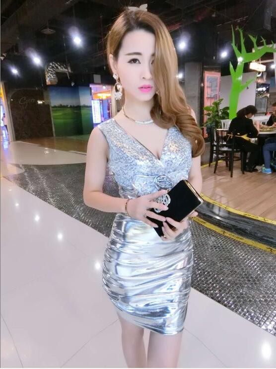 KoreanSexyVNeckBowSequinedWrapSheathDress-TFK051938