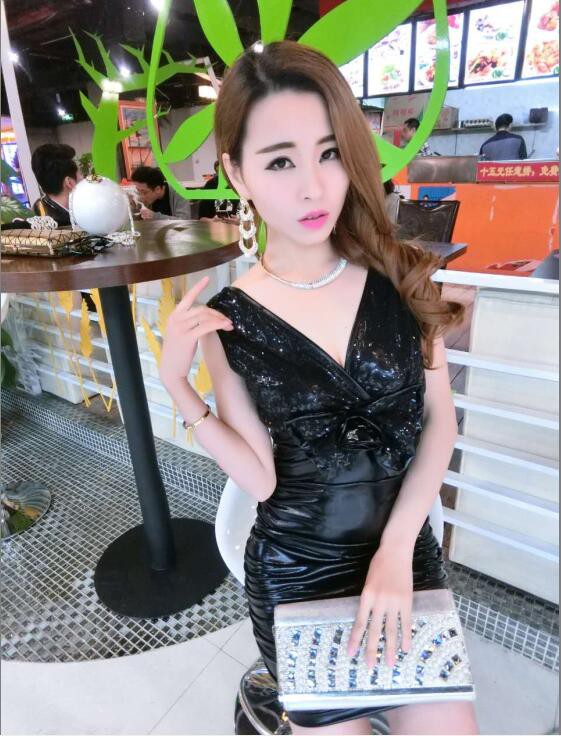 KoreanSexyVNeckBowSequinedWrapSheathDress-TFK051938