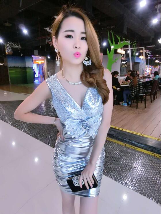 KoreanSexyVNeckBowSequinedWrapSheathDress-TFK051938