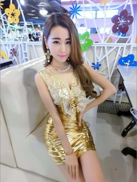 KoreanSexyVNeckBowSequinedWrapSheathDress-TFK051938