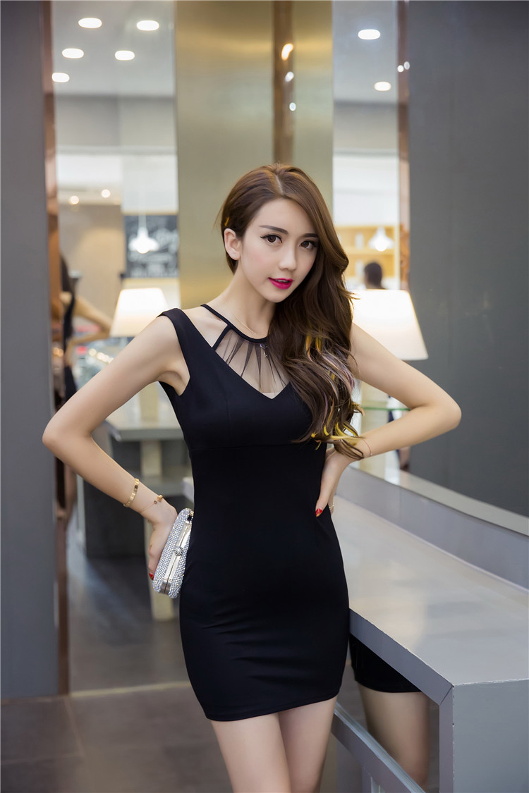 KoreanSexyVNeckGauzePatchworkWrapPencilDress-TZK060315BA