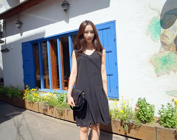 KoreanSolidChiffonCollegeStyleRuffleDress-TFK041822