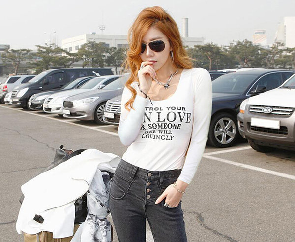 KoreanStreetFashionableBlackPrintedElasticModalLongSleeveT-Shirt-ME091428WI