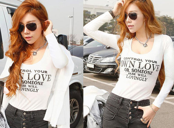 KoreanStreetFashionableBlackPrintedElasticModalLongSleeveT-Shirt-ME091428WI