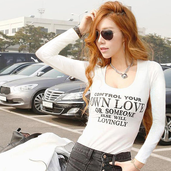 KoreanStreetFashionableBlackPrintedElasticModalLongSleeveT-Shirt-ME091428WI