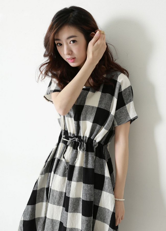 KoreanStyleBigPlaidShortSleeveDrawstringWaistCheapPetiteDress-DFE042947