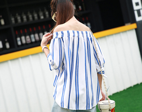 KoreanStyleBoatNeckStripedSexyBlouse-HK080514