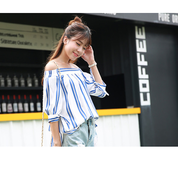 KoreanStyleBoatNeckStripedSexyBlouse-HK080514