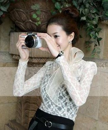 KoreanStyleBowDesignWithShoulderPadSee-throughLaceBlouse-ZL072623AR