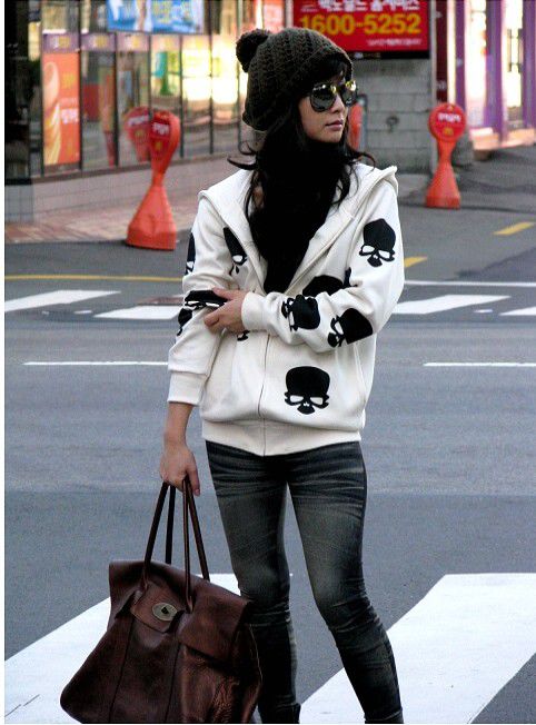 KoreanStyleCasualLongSleeveChicSkullPrintHoodedZipCoat-XFE093019