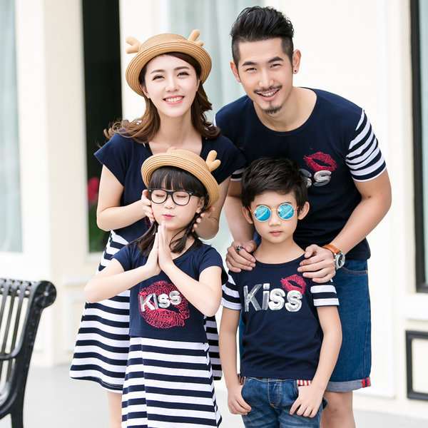 KoreanStyleFamilySetsStripedPrintTeeAndCasualDress-CMK061349