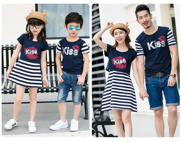 KoreanStyleFamilySetsStripedPrintTeeAndCasualDress-CMK061349