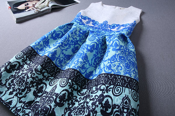 KoreanStyleFloralPatternSleevelessBlueDress-LYK022305BU