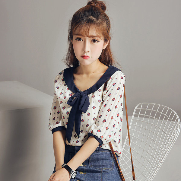 KoreanStyleHalfSleevePrintedChiffonBlouse-HMK052604