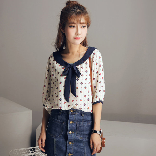 KoreanStyleHalfSleevePrintedChiffonBlouse-HMK052604