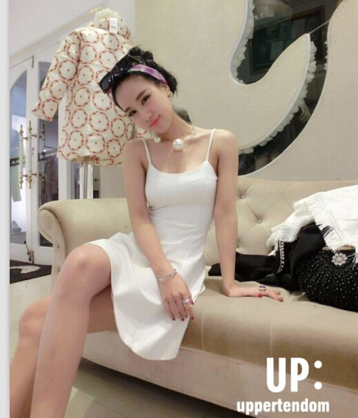 KoreanStyleHotSellingWhiteSleevelessStrapZipUpRuffleSexyDressForWomen-XHE032714WI