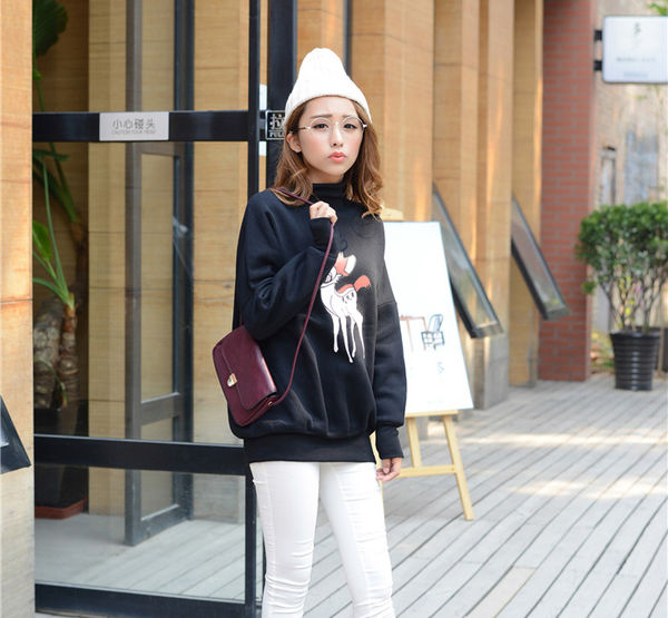 KoreanStyleLadyWomenHighNeckLooseAnimalPrintPulloverHoodies-XFE093038