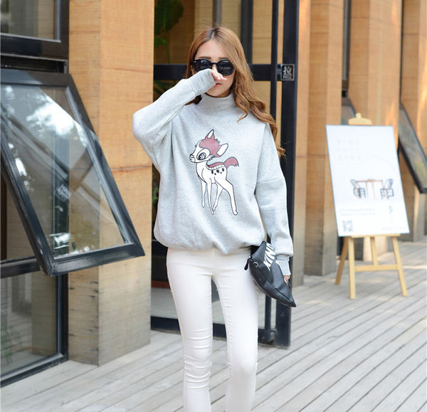 KoreanStyleLadyWomenHighNeckLooseAnimalPrintPulloverHoodies-XFE093038