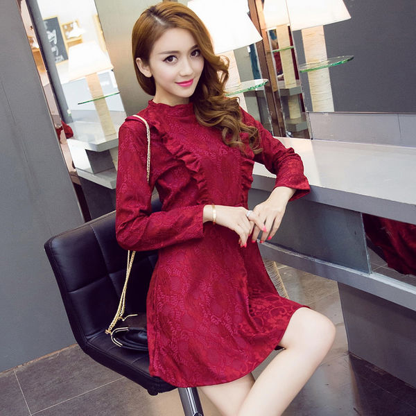 KoreanStyleLongSleeveShortLaceDress-TZK090147