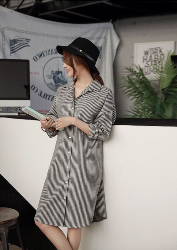 KoreanStyleLooseLapelStripedPrintLongSleeveBlouse-XFE121611