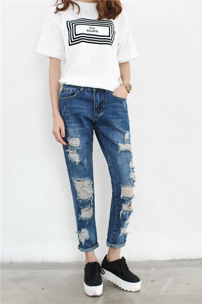 KoreanStyleNewDesignBrokenHolePocketsSlimWearDenimBlueCasualJean-XHE042907BU