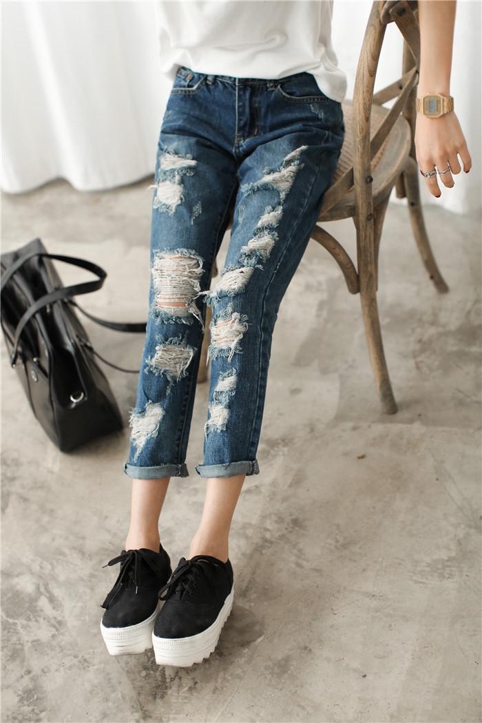 KoreanStyleNewDesignBrokenHolePocketsSlimWearDenimBlueCasualJean-XHE042907BU