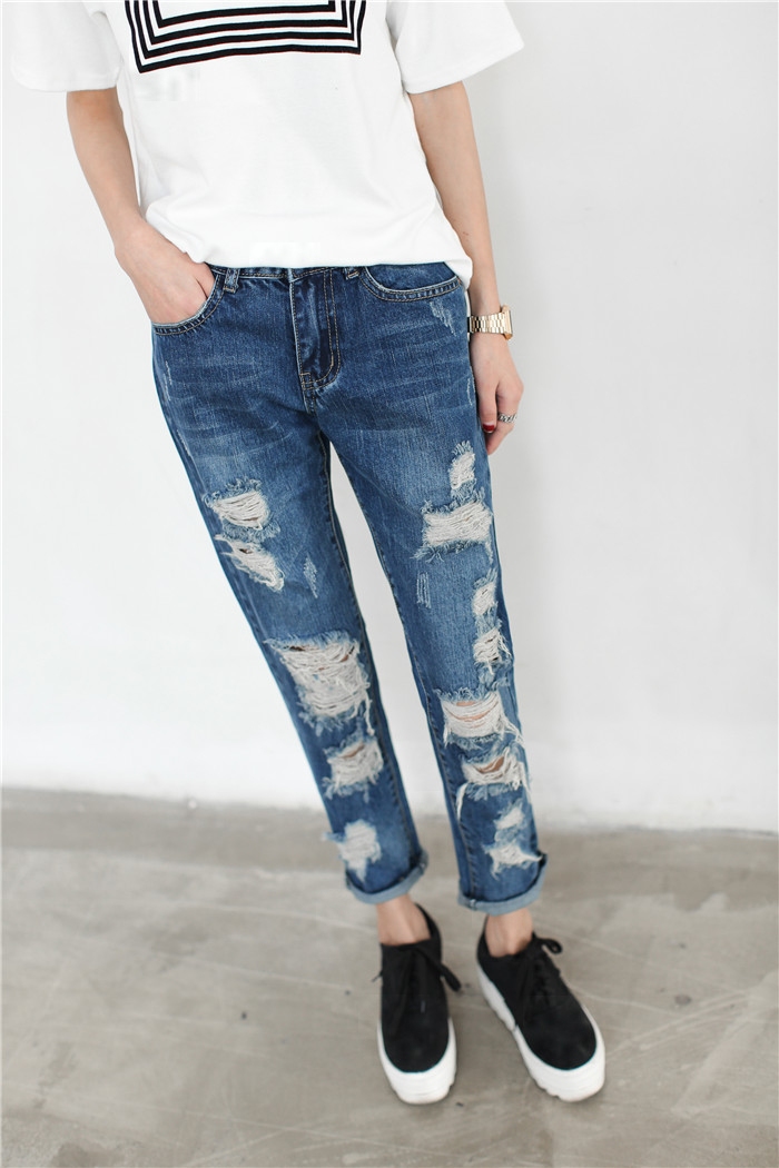 KoreanStyleNewDesignBrokenHolePocketsSlimWearDenimBlueCasualJean-XHE042907BU