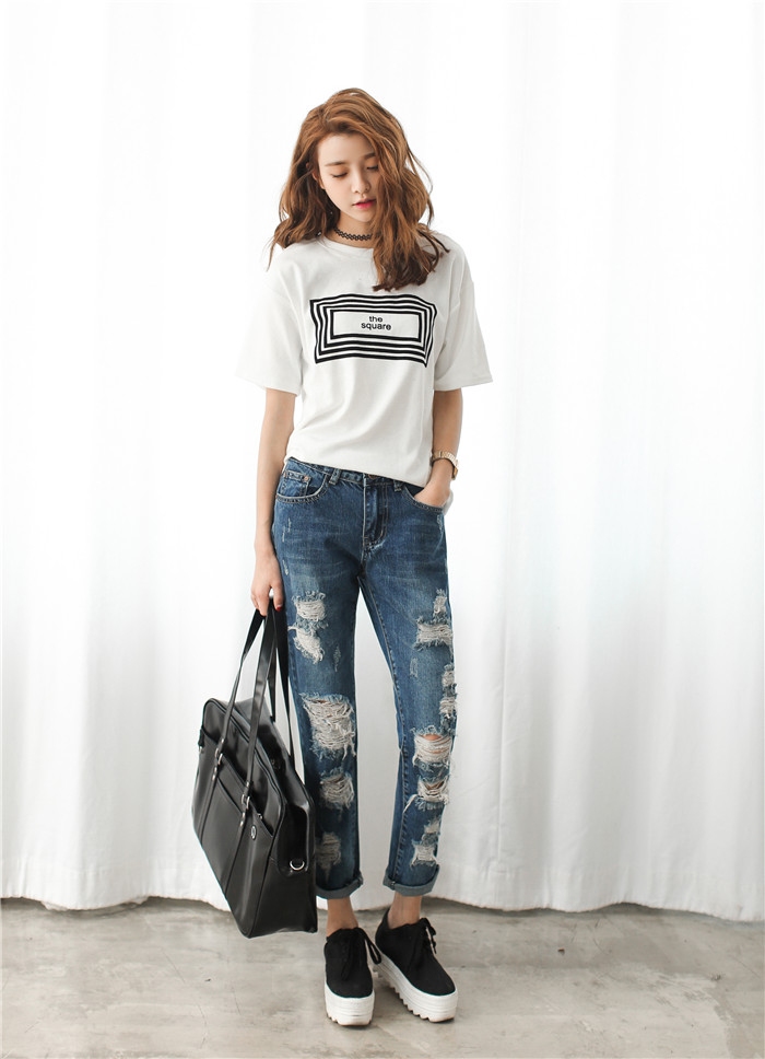 KoreanStyleNewDesignBrokenHolePocketsSlimWearDenimBlueCasualJean-XHE042907BU