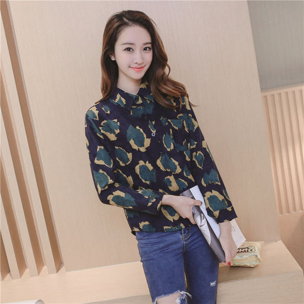 KoreanStylePersonalityCottonBlendLapelLongSleeveLeopardPrintBlouse-XFE120817A