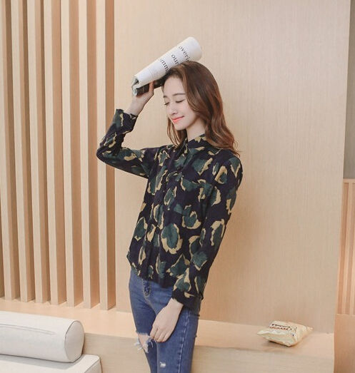 KoreanStylePersonalityCottonBlendLapelLongSleeveLeopardPrintBlouse-XFE120817A