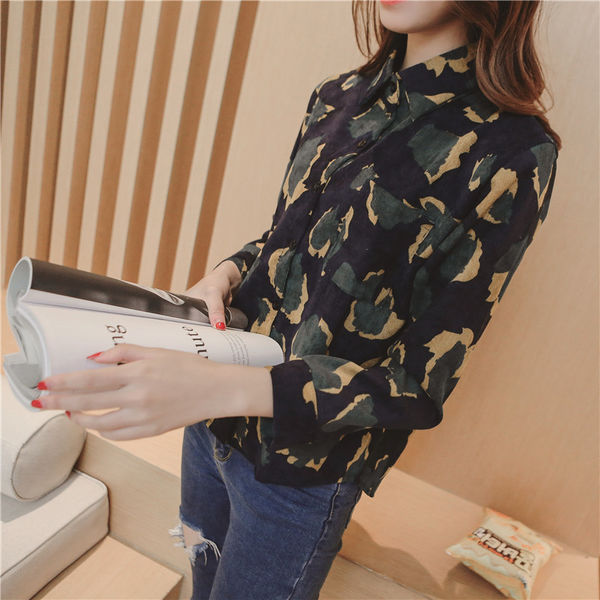 KoreanStylePersonalityCottonBlendLapelLongSleeveLeopardPrintBlouse-XFE120817A