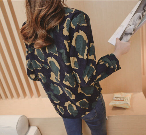 KoreanStylePersonalityCottonBlendLapelLongSleeveLeopardPrintBlouse-XFE120817A