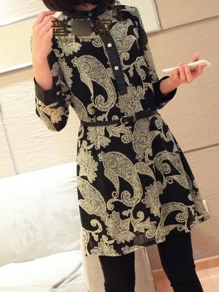 KoreanStyleSingle-breastedChainPatternLongSleeveDress-YR022711