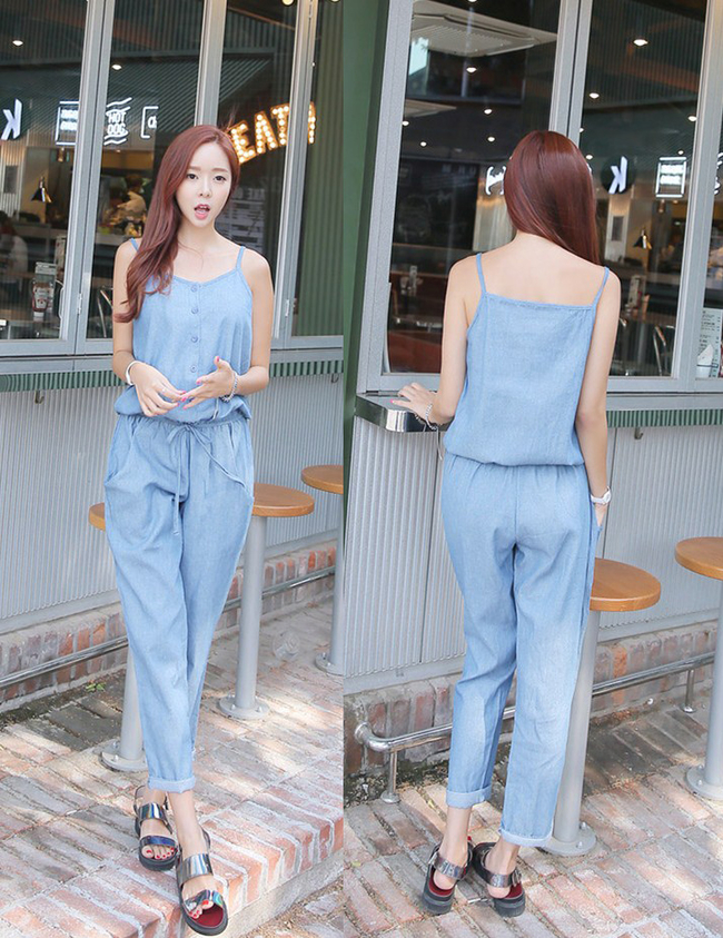 KoreanStyleSpaghettiStrapDrawstringWaistCheapDenimRomperForWoman-DFE072014DB