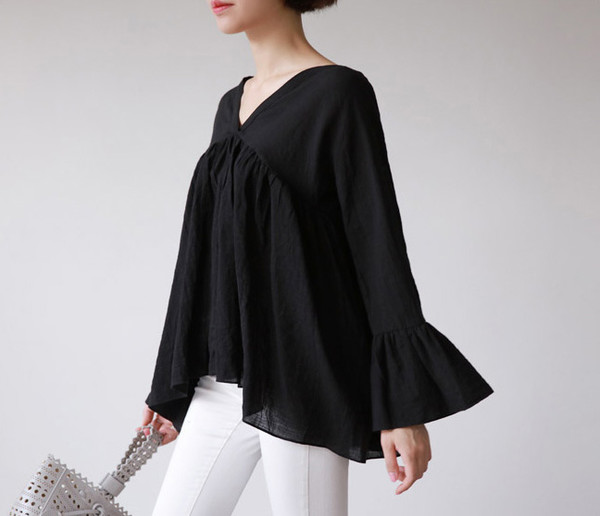 KoreanStyleVNeckFlareSleeveDollBlouse-CMK091444