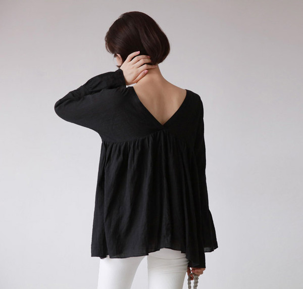 KoreanStyleVNeckFlareSleeveDollBlouse-CMK091444