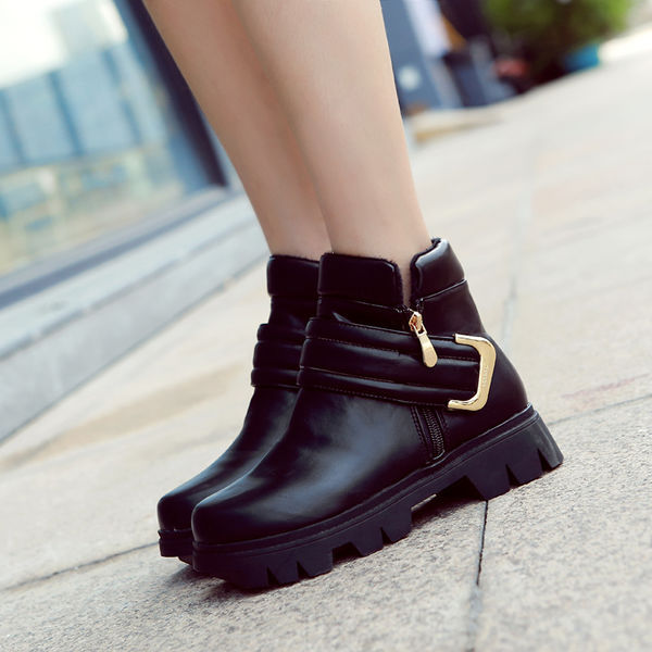 KoreanStyleWomenBlackAddVelvetBuckle-loopRound-toeMartinBoot-XFE092203BA