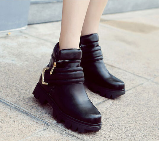 KoreanStyleWomenBlackAddVelvetBuckle-loopRound-toeMartinBoot-XFE092203BA