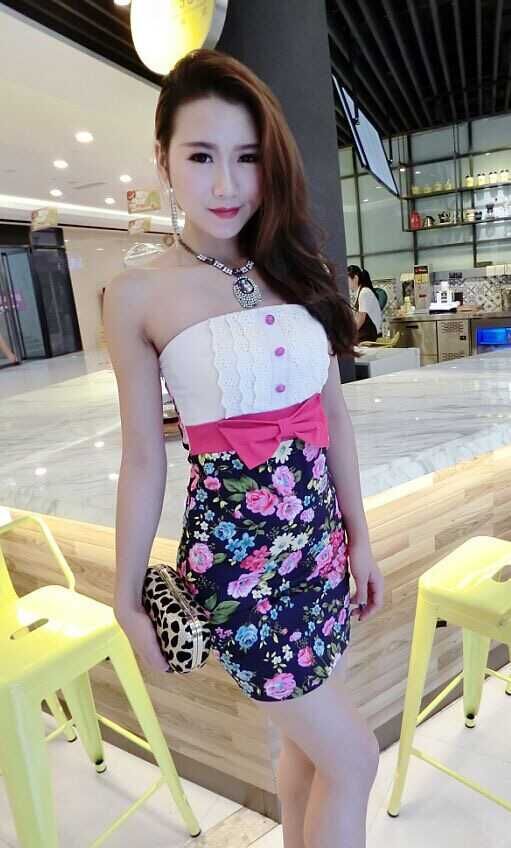 KoreanStylishFloralPrintBacklessSexyFittedWomenStraplessDress-XFE101349