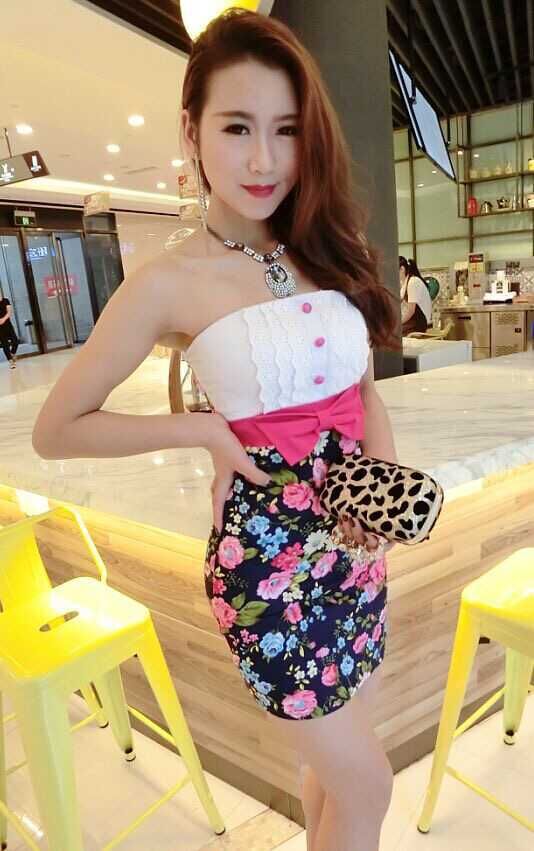 KoreanStylishFloralPrintBacklessSexyFittedWomenStraplessDress-XFE101349