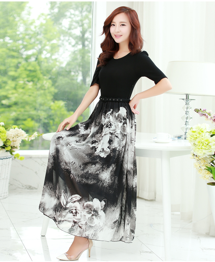 KoreanSummerWomenFloralPrintingShortSleeveBallGownBlackDress-ZME051607BA