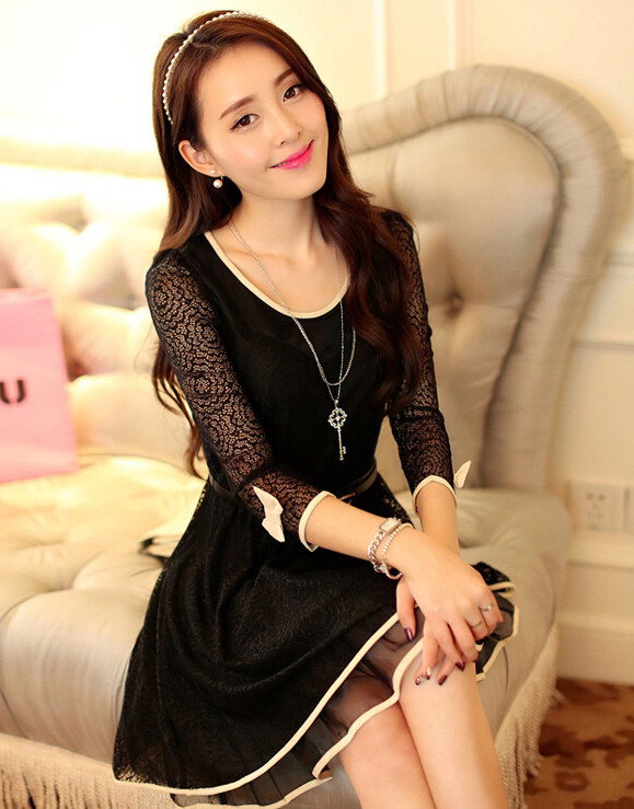 KoreanSweetLacePatchworkBowSlimPartyDress-TFK052358