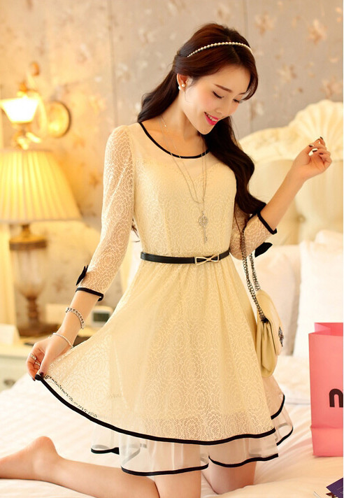 KoreanSweetLacePatchworkBowSlimPartyDress-TFK052358