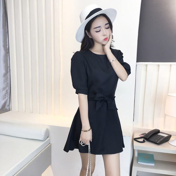 KoreanSweetLack-upBowSlimShortDress-TFK051033BA