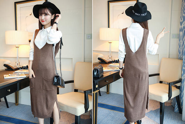 KoreanVNeckPocketLongKnittedDress-TZK072522