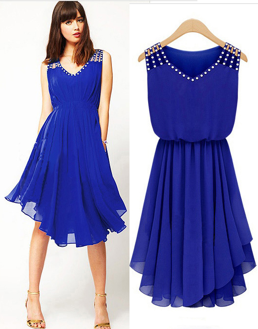 LadylikeHotDrillingSleevelessSheerDressV-neckElasticWaistPleatedSunDress-DFE032027RB