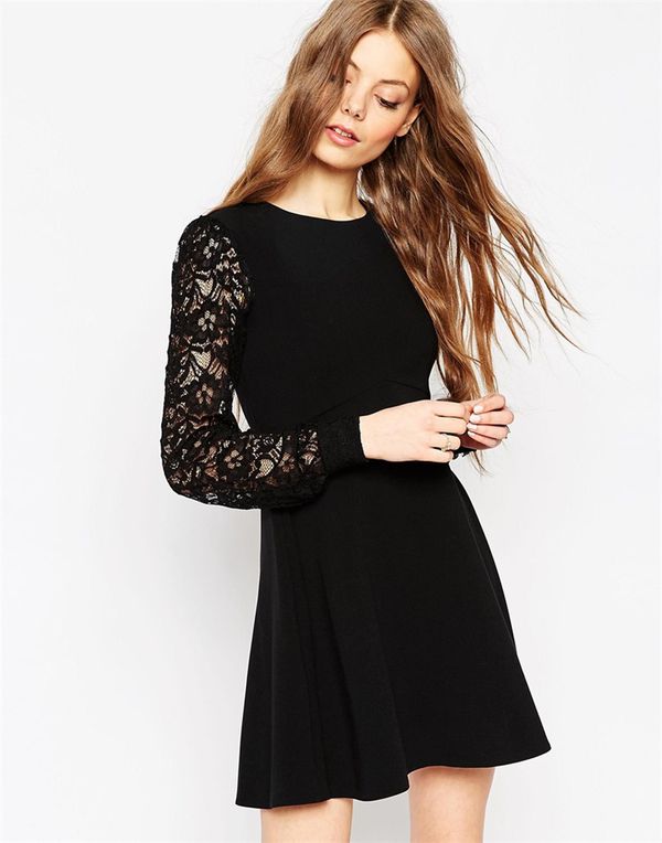 LadylikeLaceSplitBlackLongSleeveFashionDress-XFE122232BA